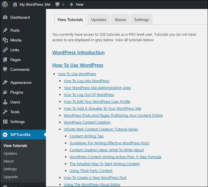 WPTrainMe plugin's tutorials can be instantly accessed directly inside your WordPress dashboard!